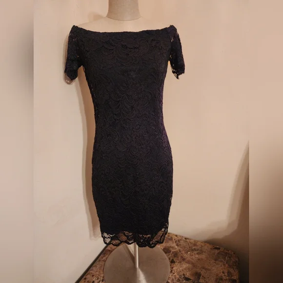 Ambiance Dresses | Ambiance Black Off-The-Shoulder Bodycon Mini Dress with Black Lace Overlay. Sz L | Color: Black | Size: L | Achristie691'S Closet